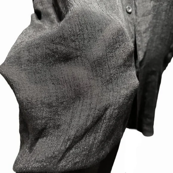 Mandarin Collar Sheer Button Down Long Sleeve Shirt Black - Picture 4 of 5